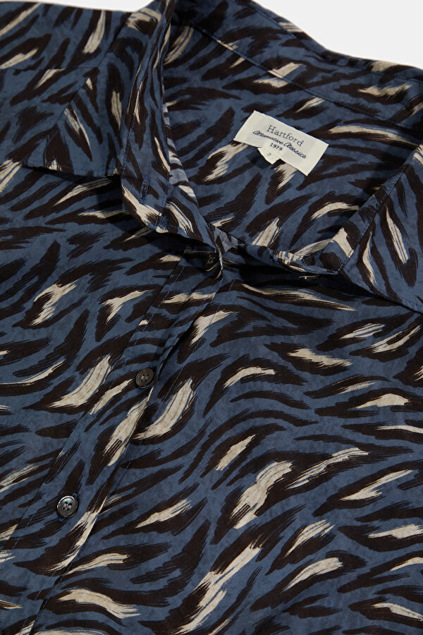 Blue Patterned Mandarin Collar Women's Shirt 3