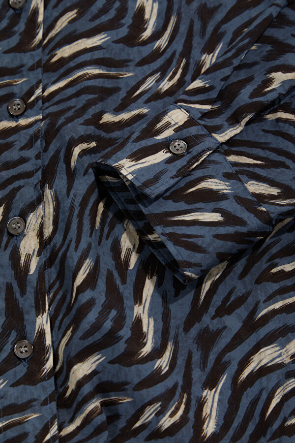Blue Patterned Mandarin Collar Women's Shirt 4