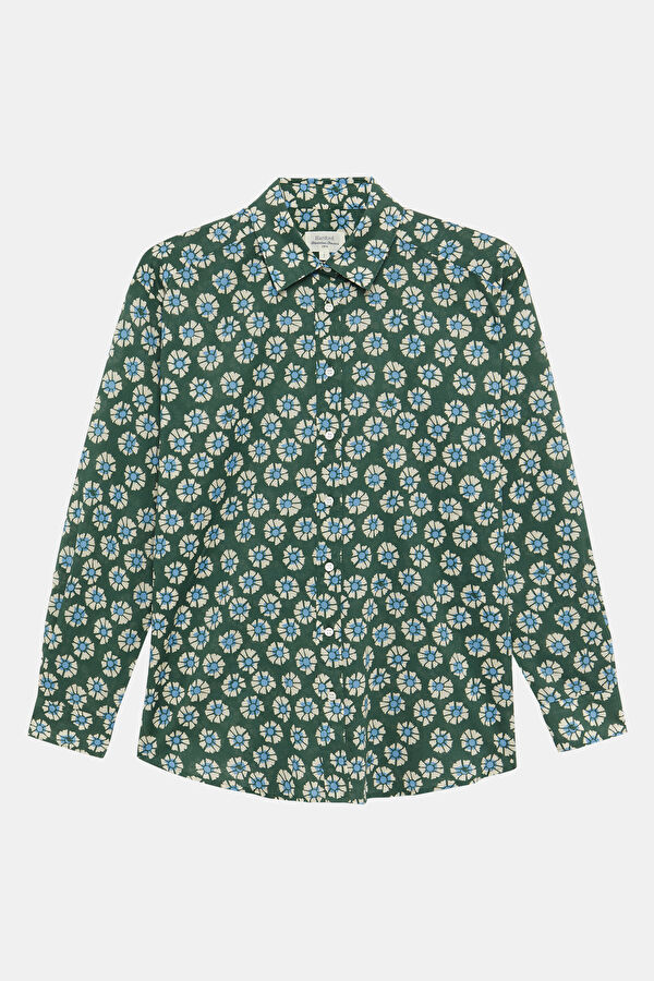 Green Patterned Mandarin Collar Women's Shirt