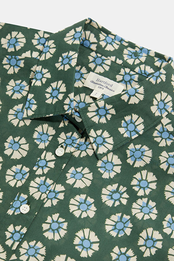 Green Patterned Mandarin Collar Women's Shirt 3