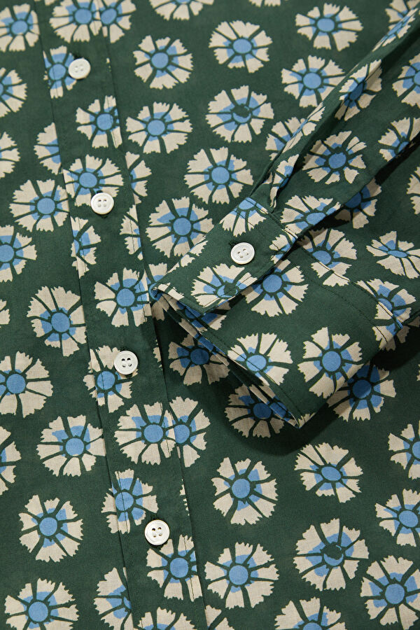 Green Patterned Mandarin Collar Women's Shirt 4