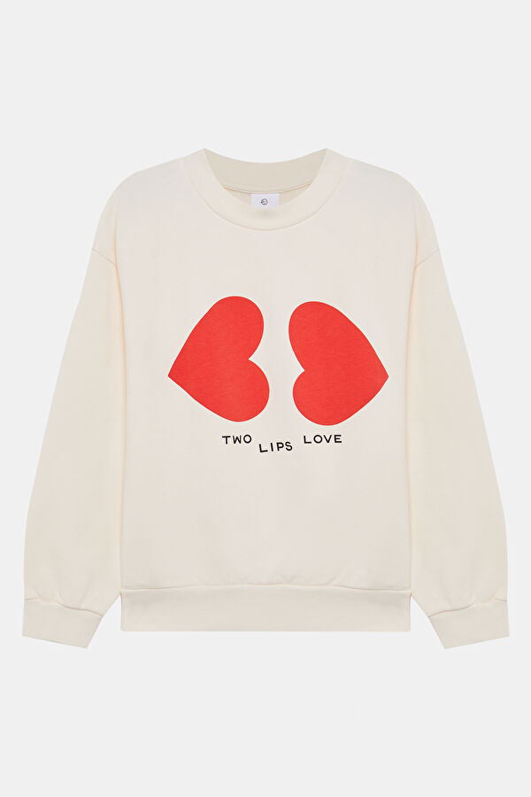 Ekru Relax Kalıp Bisiklet Yaka Sweatshirt