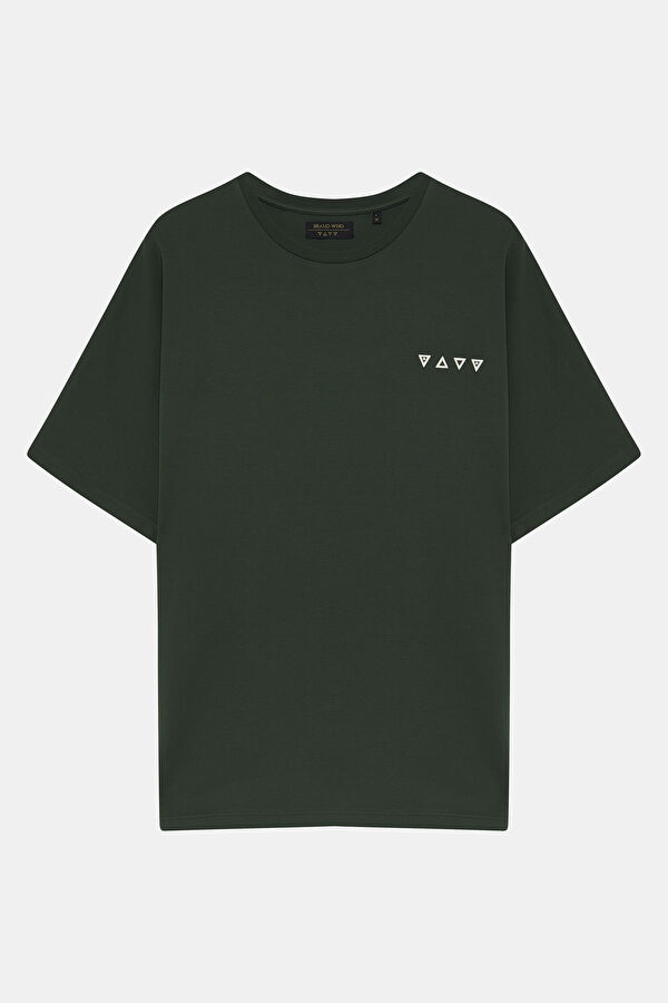 Relax Kalıp Koyu Yeşil Bisiklet Yaka Baskılı T-Shirt