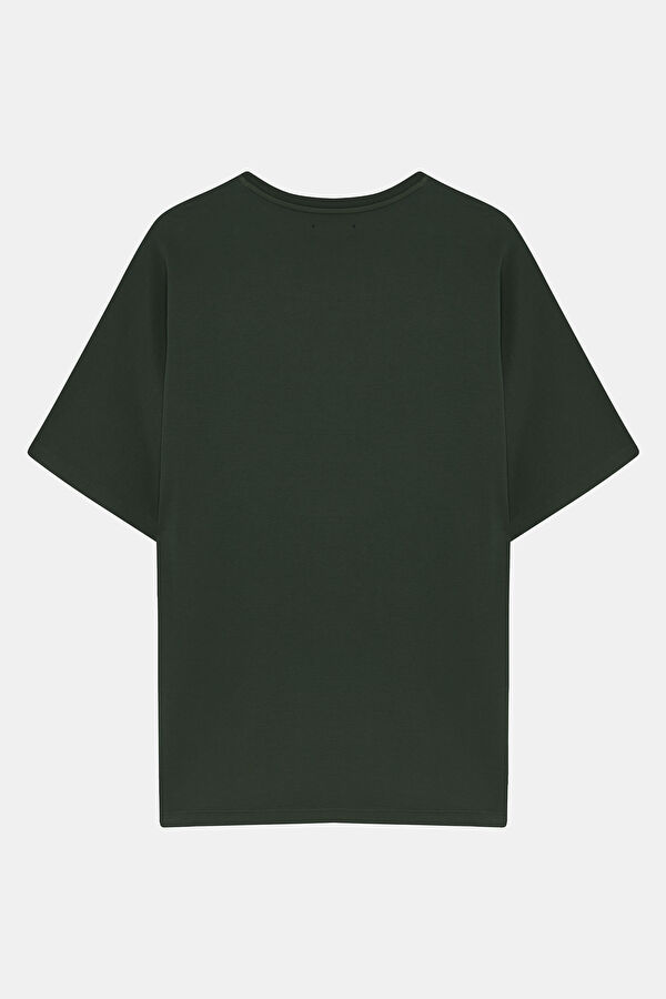 Relax Kalıp Koyu Yeşil Bisiklet Yaka Baskılı T-Shirt 2
