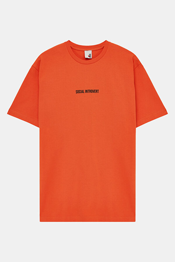 Relax Kalıp Turuncu Bisiklet Yaka Baskılı Erkek T-Shirt