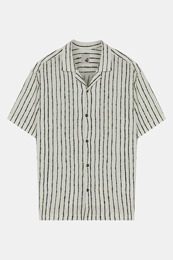 Relax Kalıp Ekru Çizgili Desenli Retro Gömlek