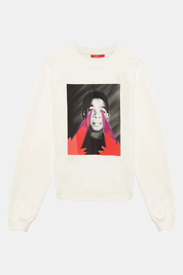 Krem Oversize Bisiklet Yaka Erkek Sweatshirt