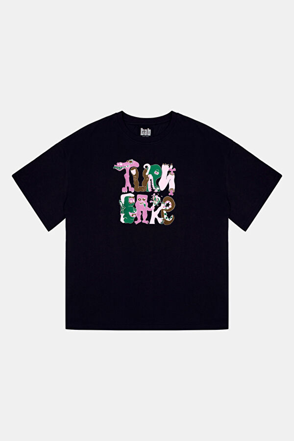 Oversize Siyah Bisiklet Yaka Baskılı T-Shirt