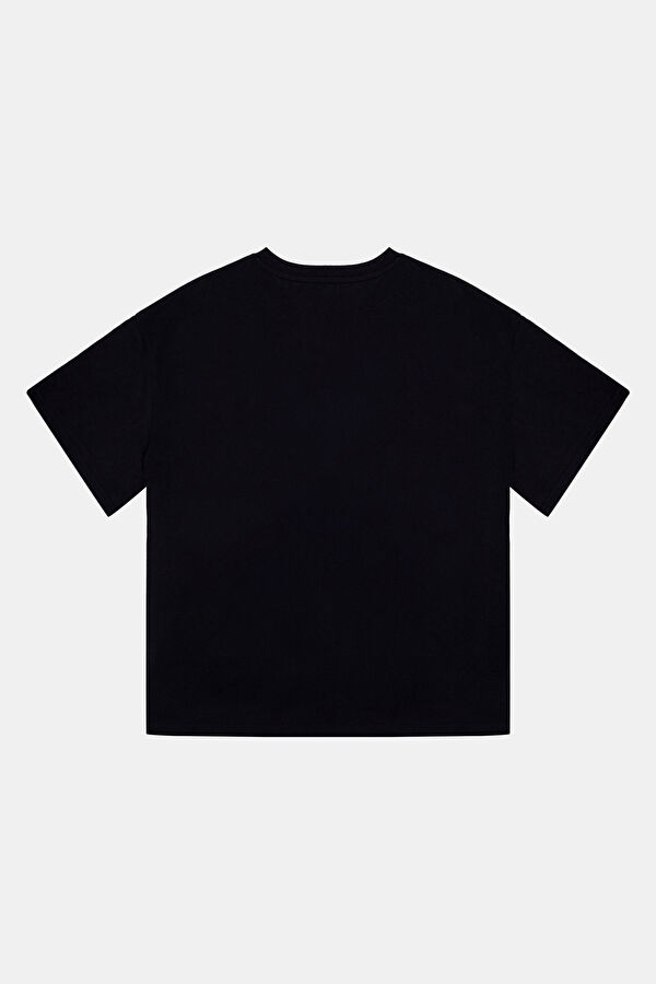 Oversize Siyah Bisiklet Yaka Baskılı T-Shirt 2