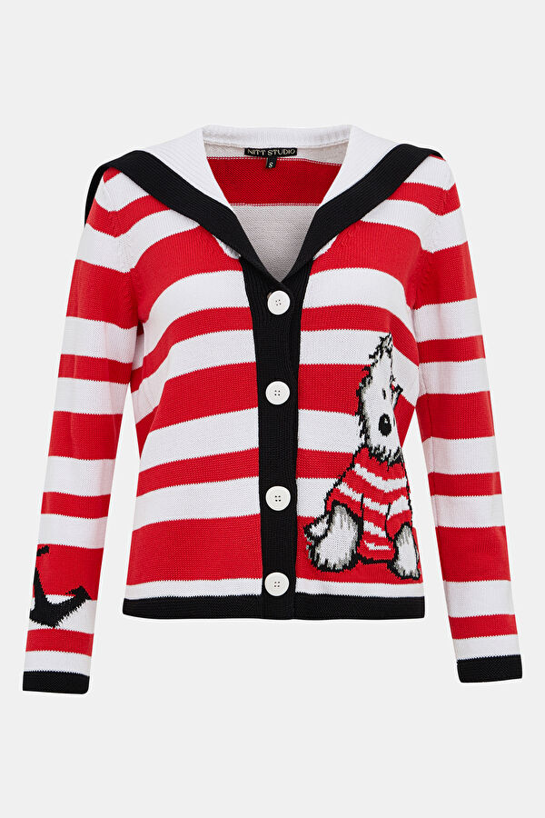 Red Striped Patterned V Neck Cardigan