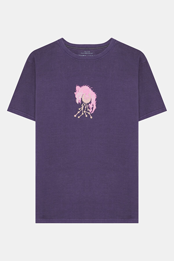 Relax Kalıp Bisiklet Yaka Baskılı Mor T-Shirt
