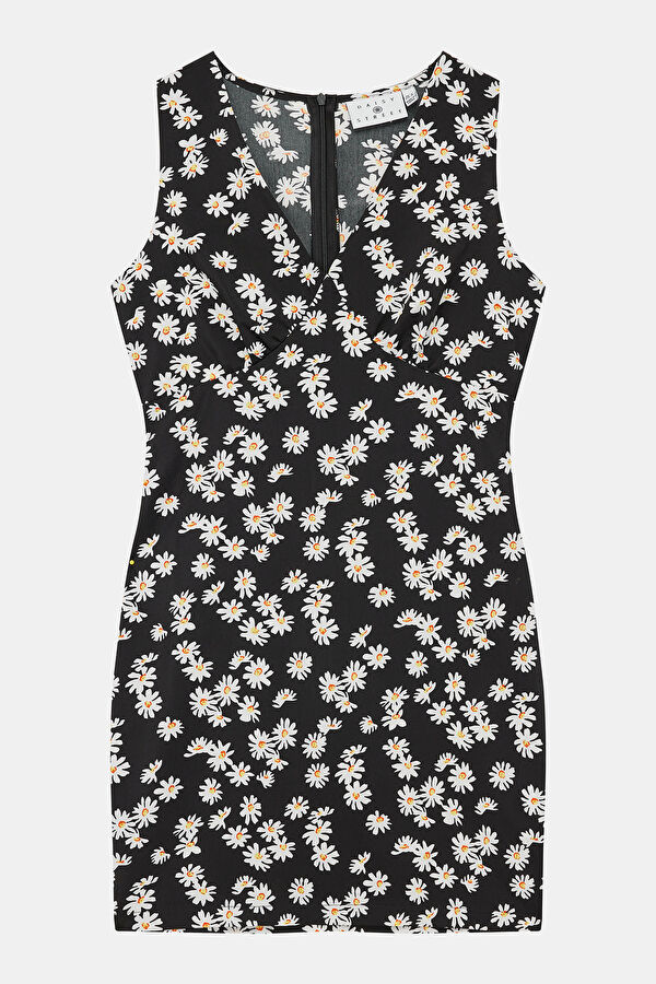 Black Floral Pattern Mini Women's Dress 3