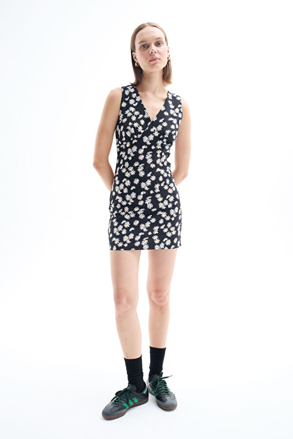 Black Floral Pattern Mini Women's Dress