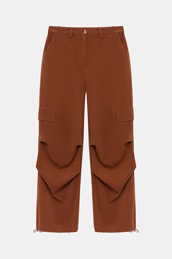 Coffee-colored, straight-leg women's trousers.