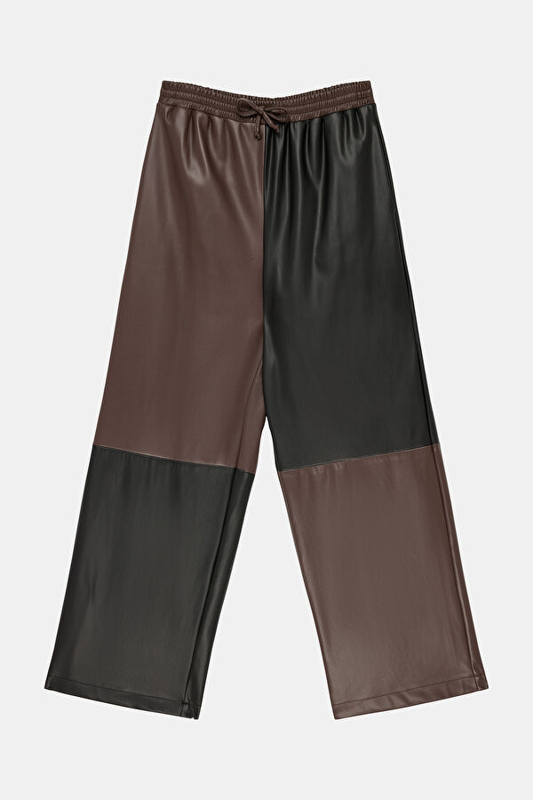 Coffee-colored, straight-leg women's trousers.