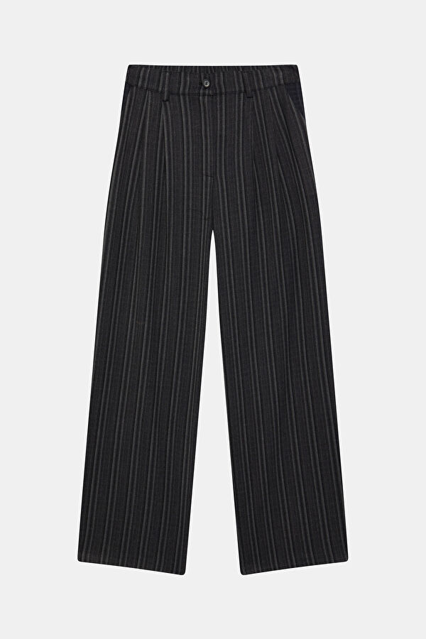 Coffee-colored, straight-leg women's trousers.