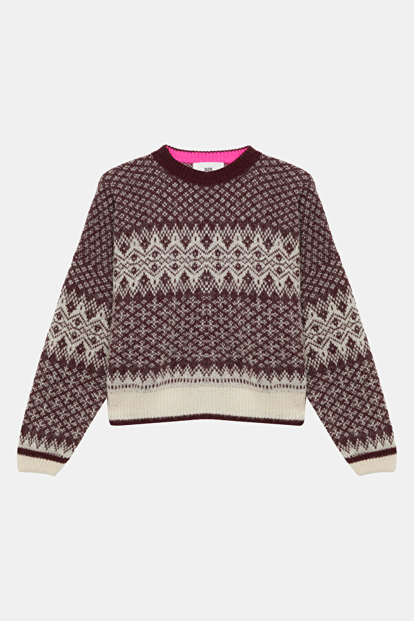 Burgundy Patterned Wool Women's Sweater