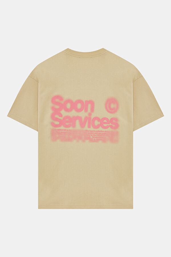 Oversize Beige Crew Neck Printed T-Shirt 4