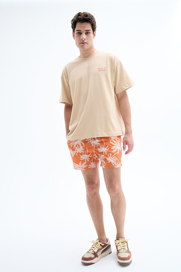 Oversize Beige Crew Neck Printed T-Shirt