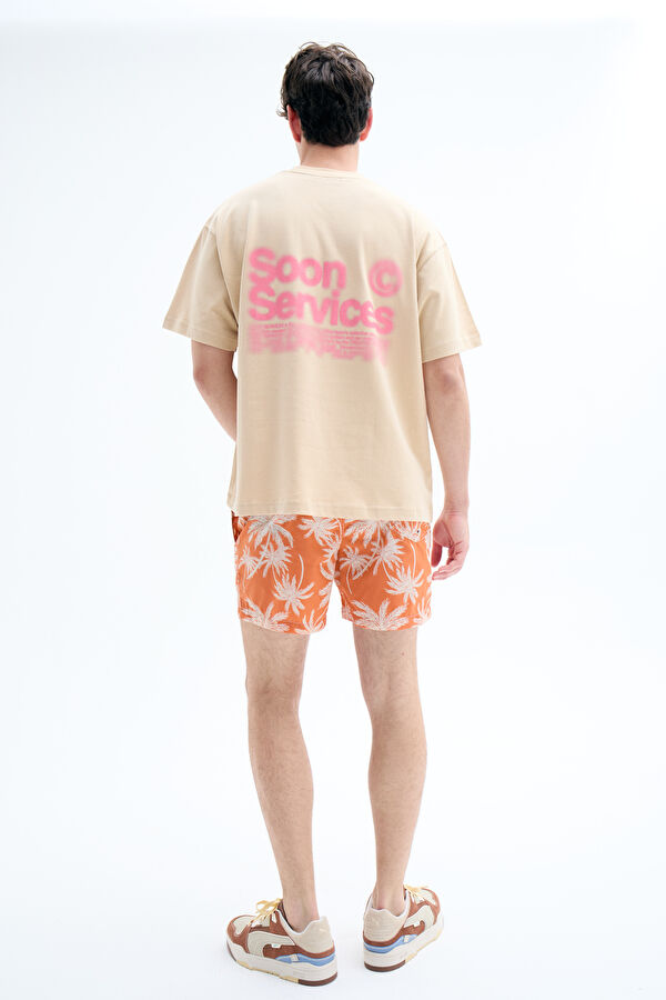 Oversize Beige Crew Neck Printed T-Shirt 2