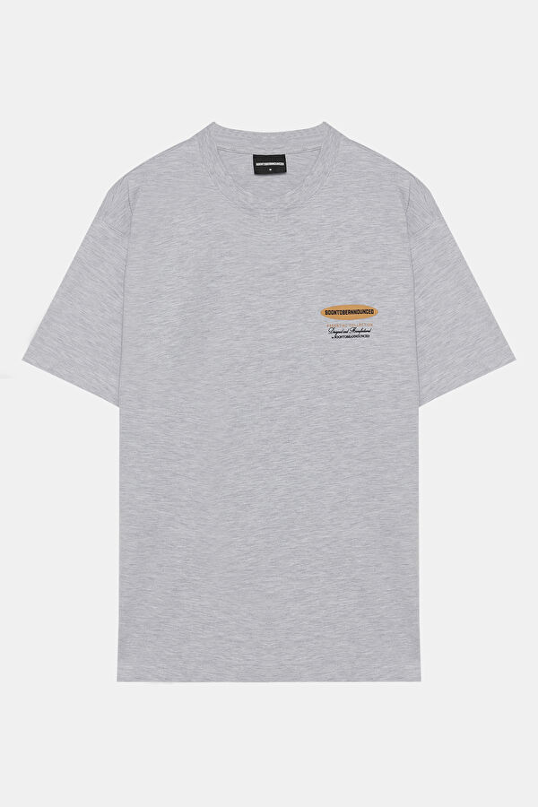 Oversize Gri Bisiklet Yaka Baskılı Erkek T-Shirt