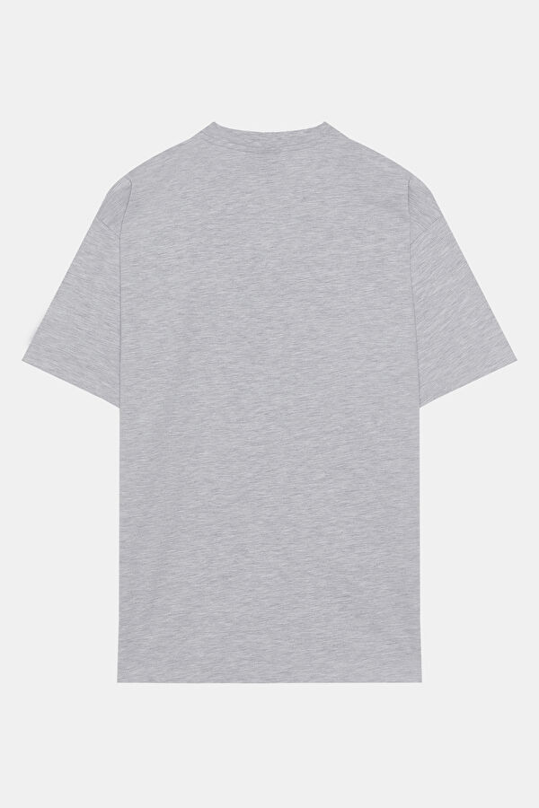 Oversize Gri Bisiklet Yaka Baskılı Erkek T-Shirt 2