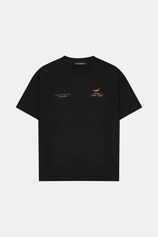 Oversize Siyah Bisiklet Yaka Baskılı T-Shirt