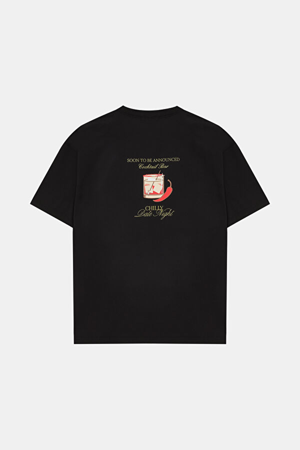 Oversize Siyah Bisiklet Yaka Baskılı T-Shirt 2
