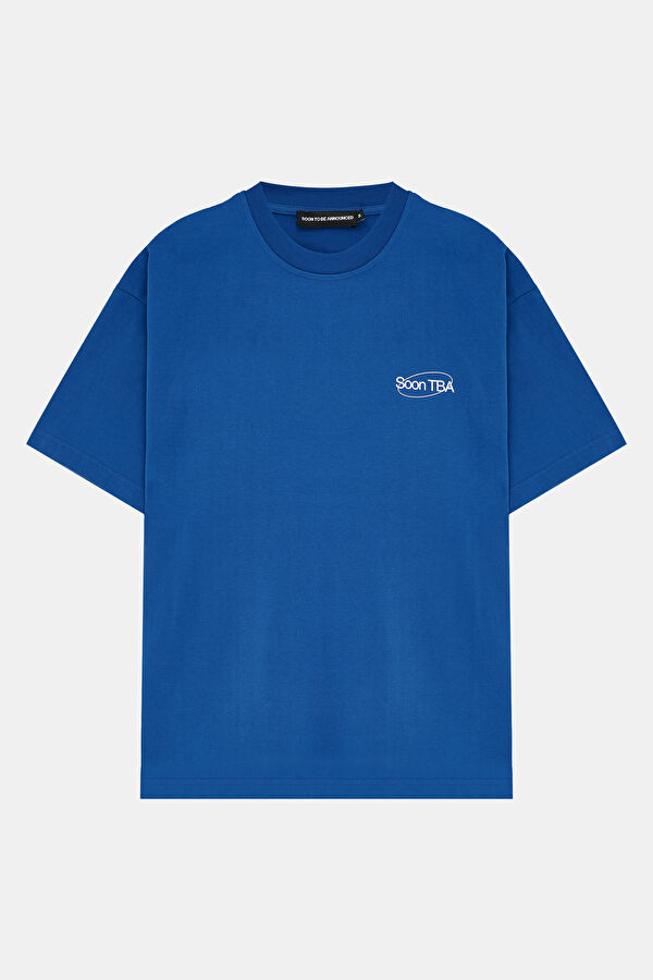 Oversize Mavi Bisiklet Yaka Baskılı T-Shirt 3