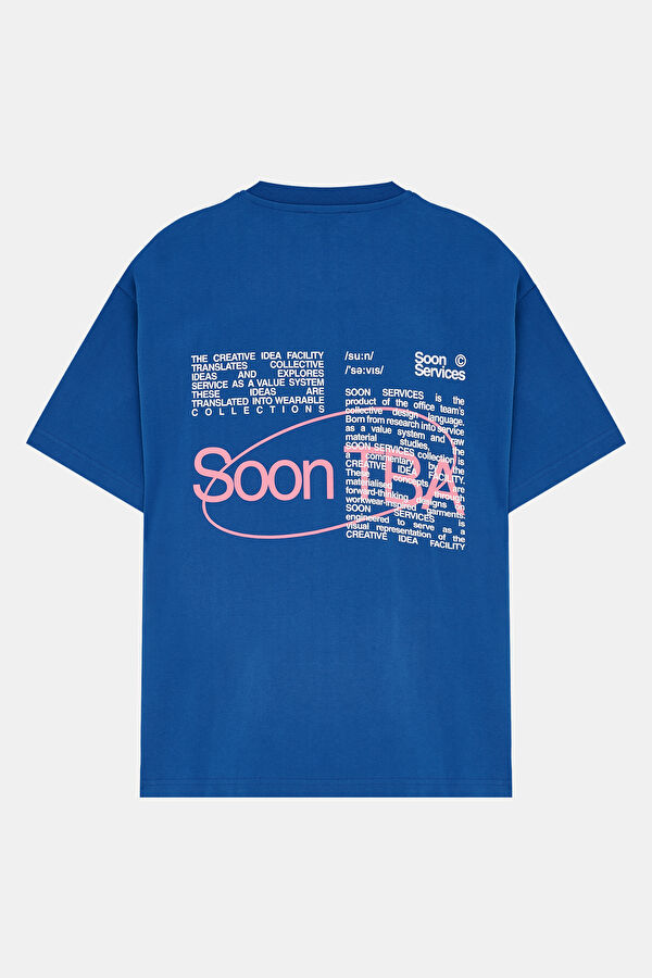 Oversize Mavi Bisiklet Yaka Baskılı T-Shirt 4