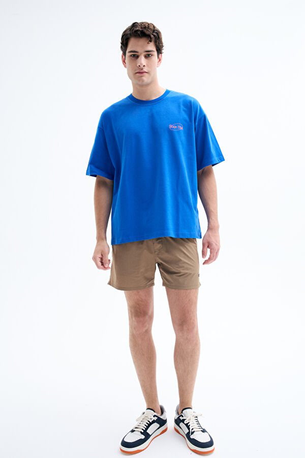 Oversize Mavi Bisiklet Yaka Baskılı T-Shirt