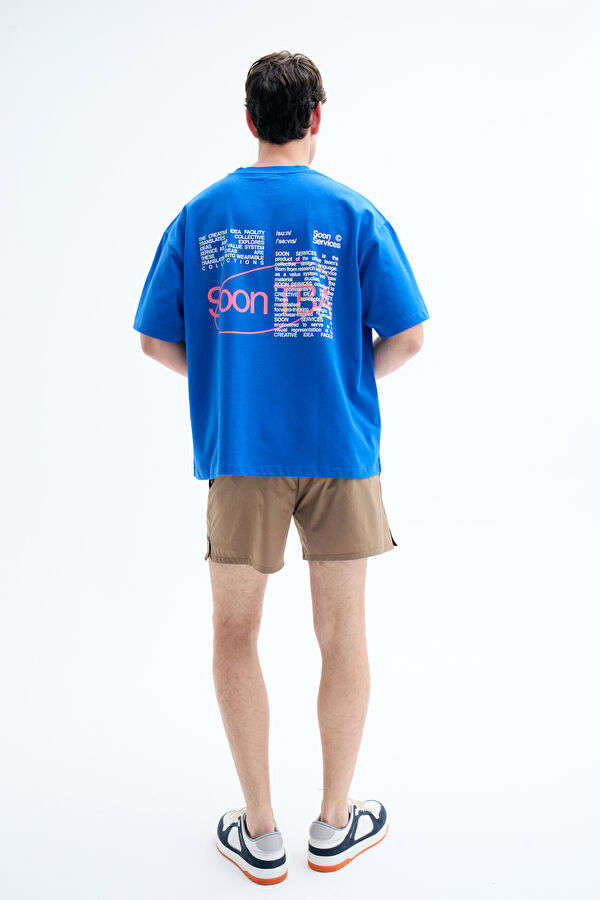 Oversize Mavi Bisiklet Yaka Baskılı T-Shirt 2