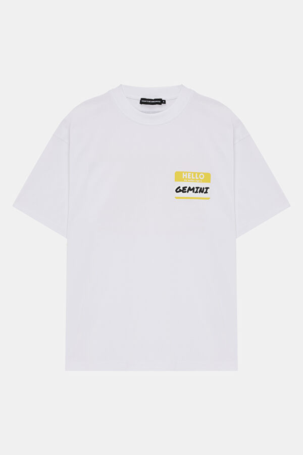 Oversize Beyaz Bisiklet Yaka Baskılı Erkek T-Shirt