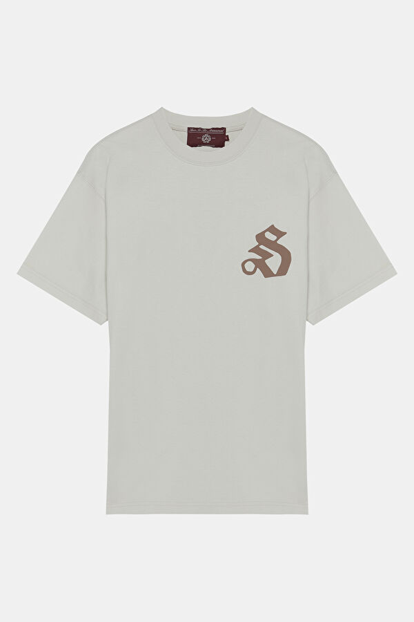Oversize Ekru Bisiklet Yaka Baskılı T-Shirt