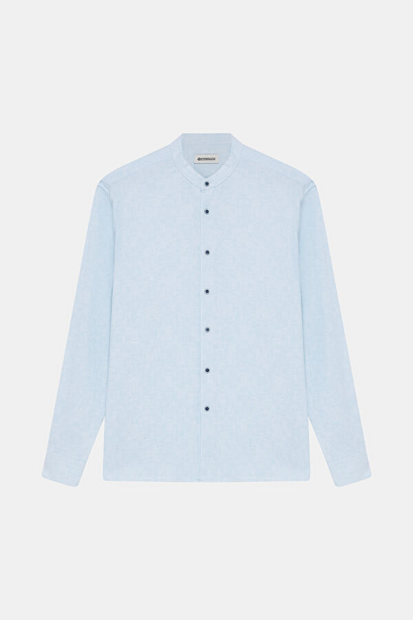 Relax Fit Blue Patterned Mandarin Collar Men's Shirt