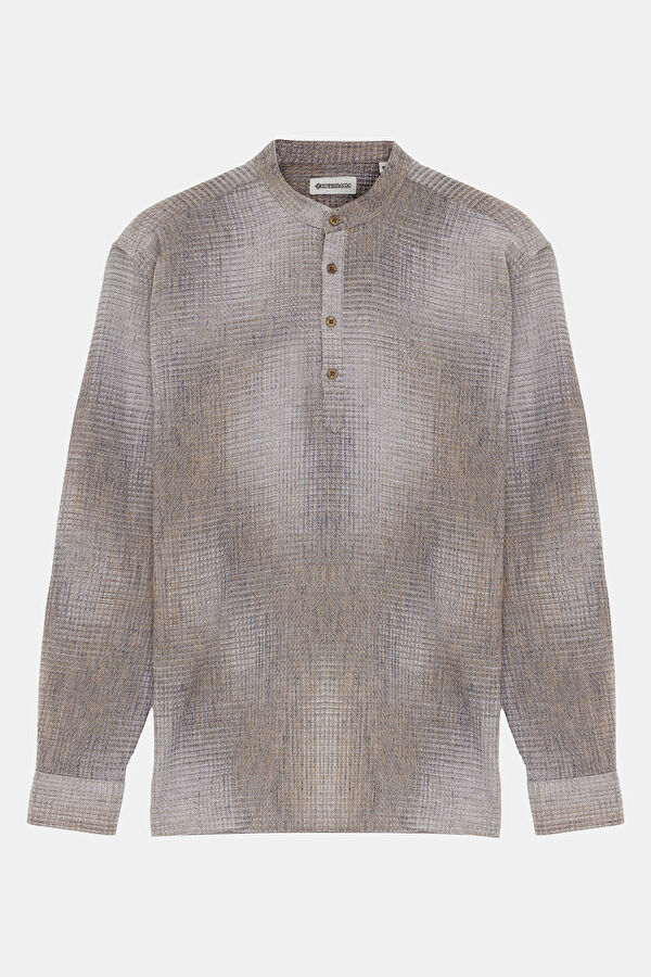 Relaxed Fit Coffee Patterned Mandarin Collar Men's Shirt
