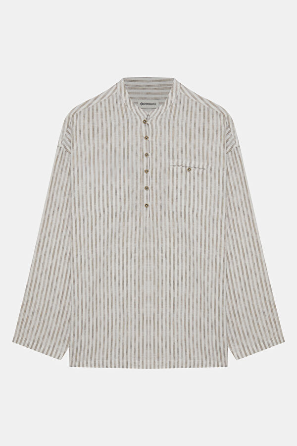 Oversize Ecru Striped Patterned Mandarin Collar Men's Shirt