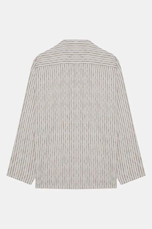 Oversize Ecru Striped Patterned Mandarin Collar Men's Shirt 2