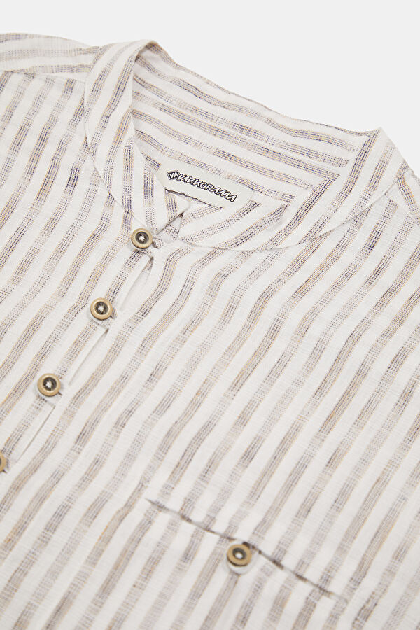 Oversize Ecru Striped Patterned Mandarin Collar Men's Shirt 3