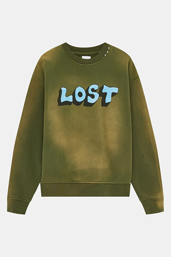 Haki Relax Kalıp Bisiklet Yaka Erkek Sweatshirt