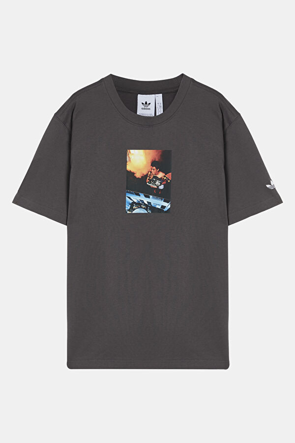 Oversize Antrasit Bisiklet Yaka Baskılı Erkek T-Shirt
