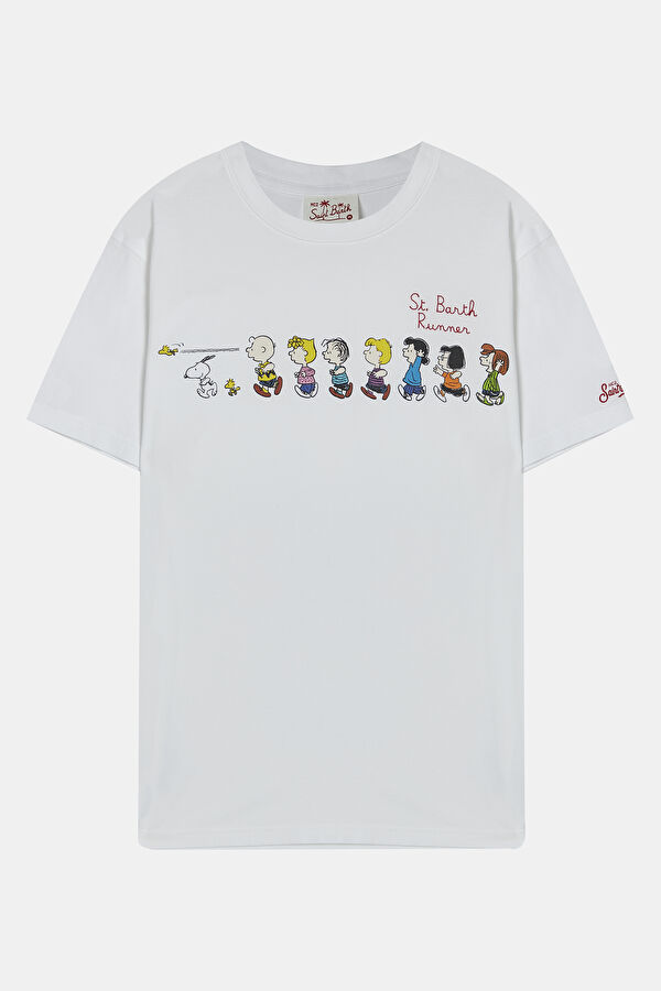 Beyaz Bisiklet Yaka Baskılı T-Shirt