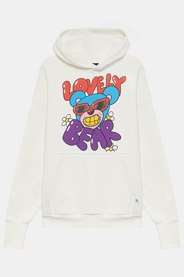 Ekru Relax Kalıp Kapüşonlu Erkek Sweatshirt