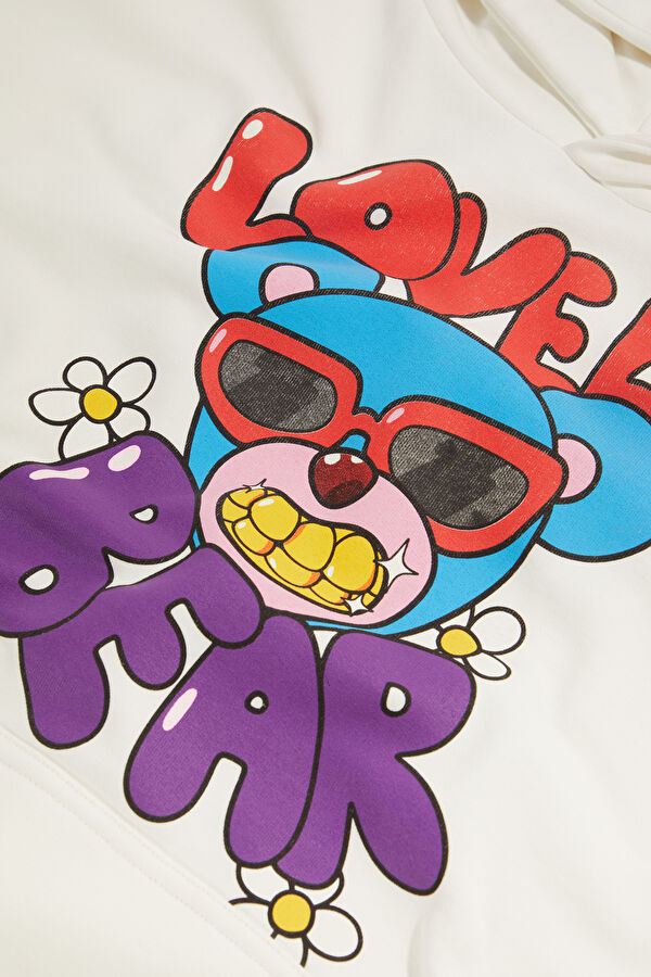 Ekru Relax Kalıp Kapüşonlu Erkek Sweatshirt 3