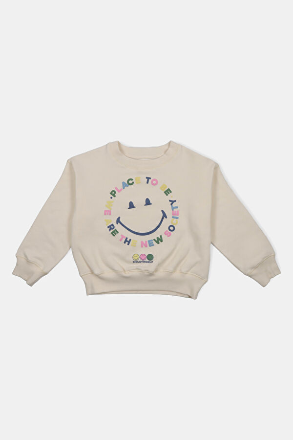 Happy Place Cream Relax Fit Crew Neck Kids Sweatshirt
