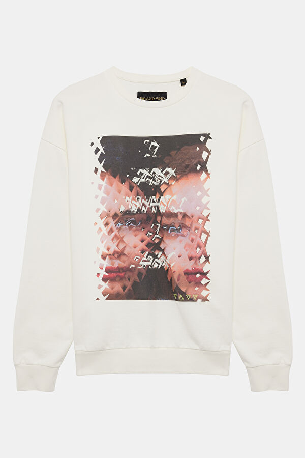 Ekru Relax Kalıp Bisiklet Yaka Erkek Sweatshirt
