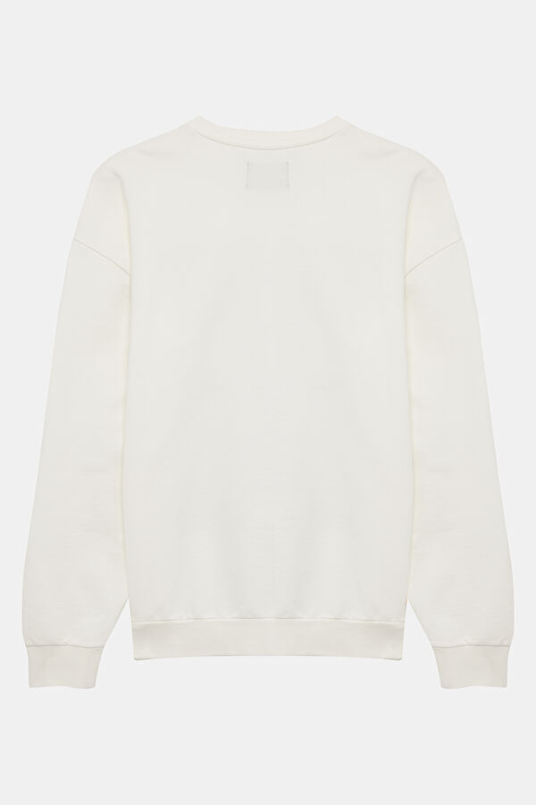 Ekru Relax Kalıp Bisiklet Yaka Erkek Sweatshirt 2