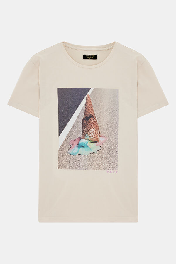 Relax Kalıp Beyaz Bisiklet Yaka Baskılı Erkek T-Shirt 3