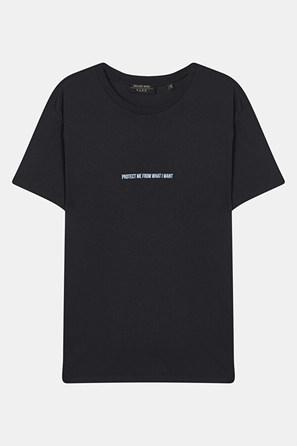 Relax Kalıp Siyah Bisiklet Yaka Baskılı Erkek T-Shirt 3