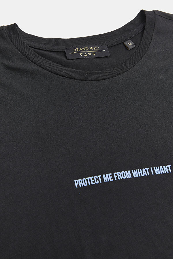 Relax Kalıp Siyah Bisiklet Yaka Baskılı Erkek T-Shirt 5